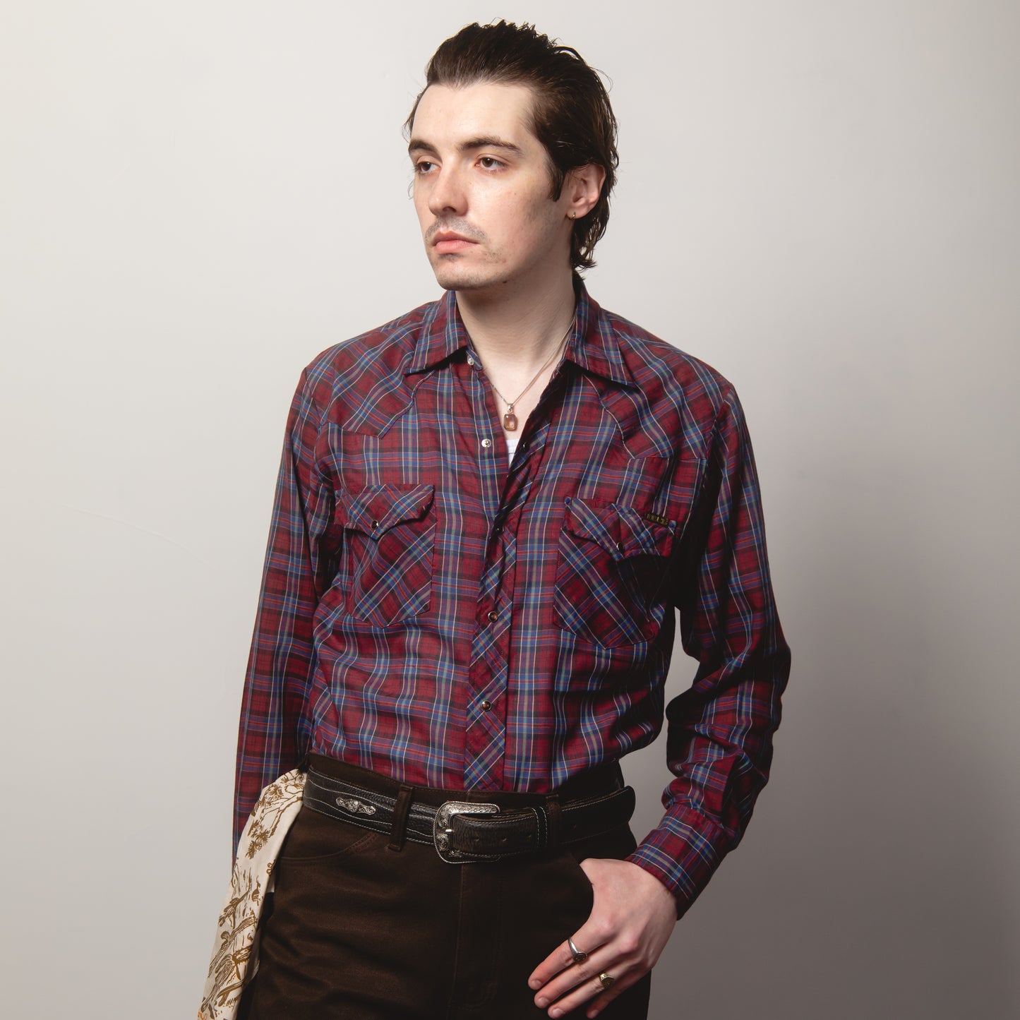 TRI-COLOUR BURGUNDY CHECK WESTERN SHIRT M