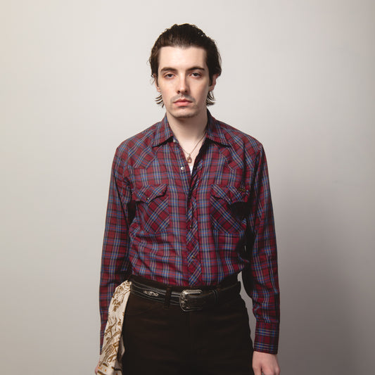 TRI-COLOUR BURGUNDY CHECK WESTERN SHIRT M