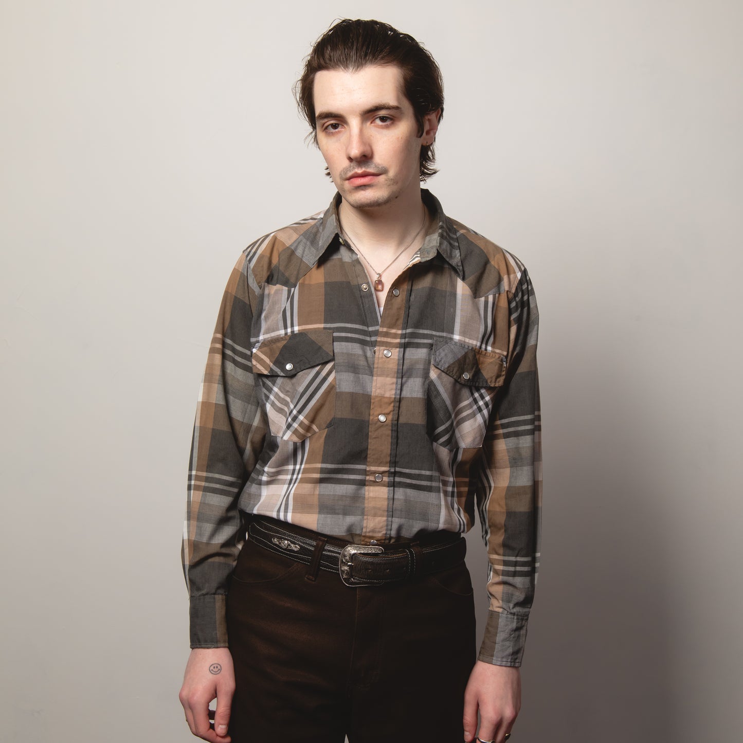 BROWN CHECK WESTERN SHIRT M