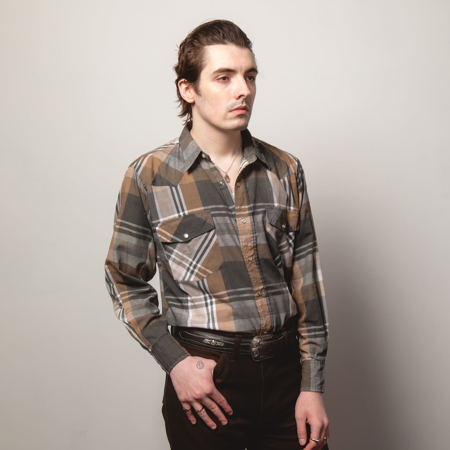 BROWN CHECK WESTERN SHIRT M