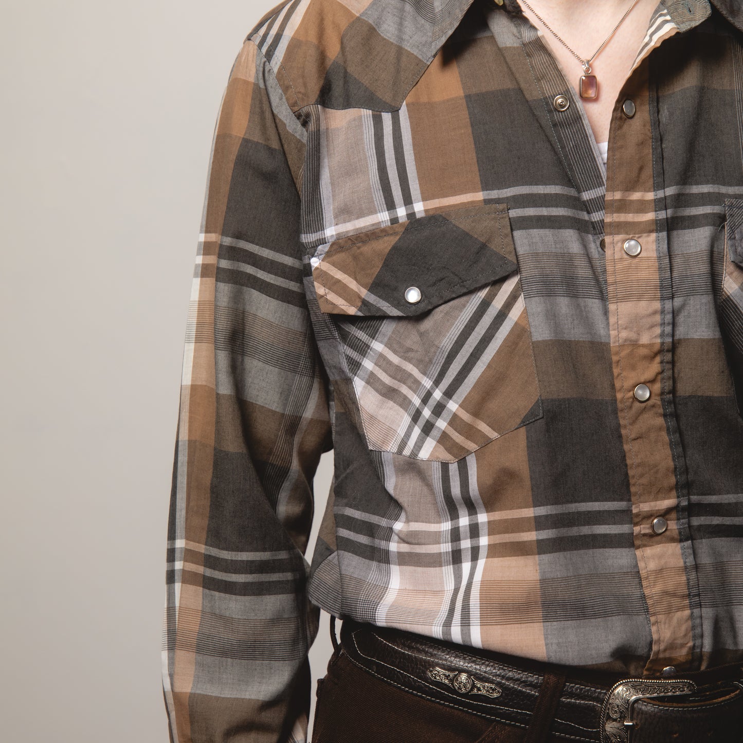 BROWN CHECK WESTERN SHIRT M