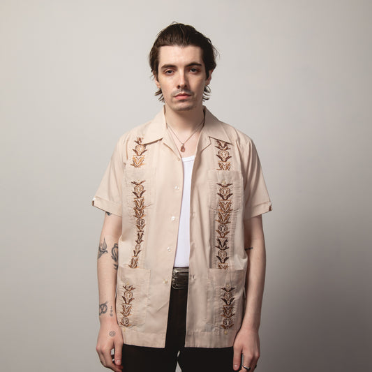 BEIGE & BROWN GUAYBERA SHIRT M