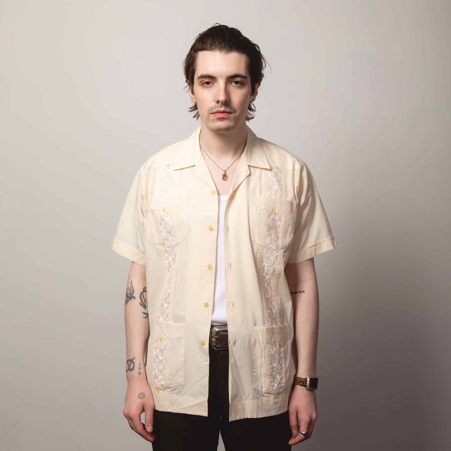 CREAM PEACH CUBAN COLLAR GUAYABERA SHIRT L