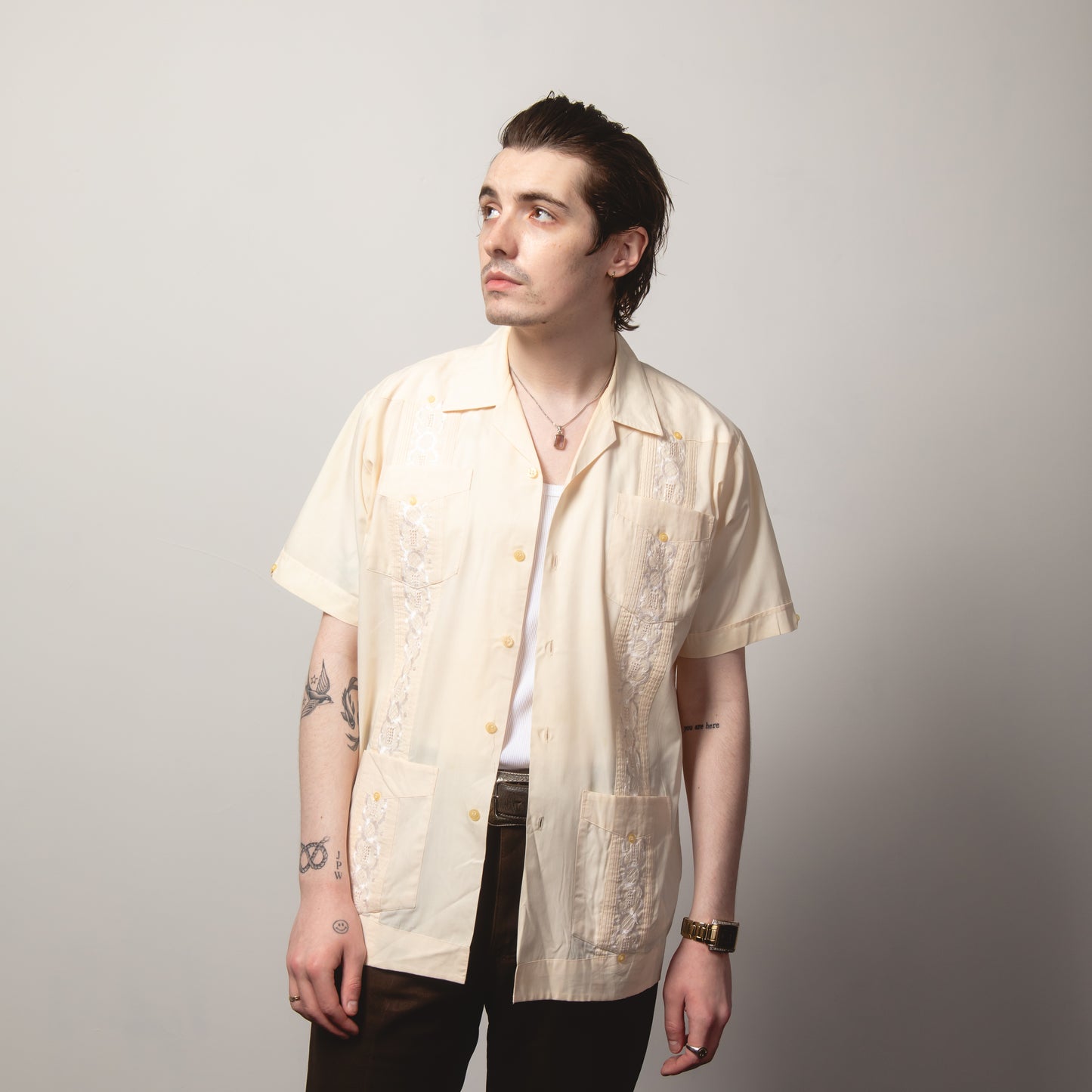 CREAM PEACH CUBAN COLLAR GUAYABERA SHIRT L