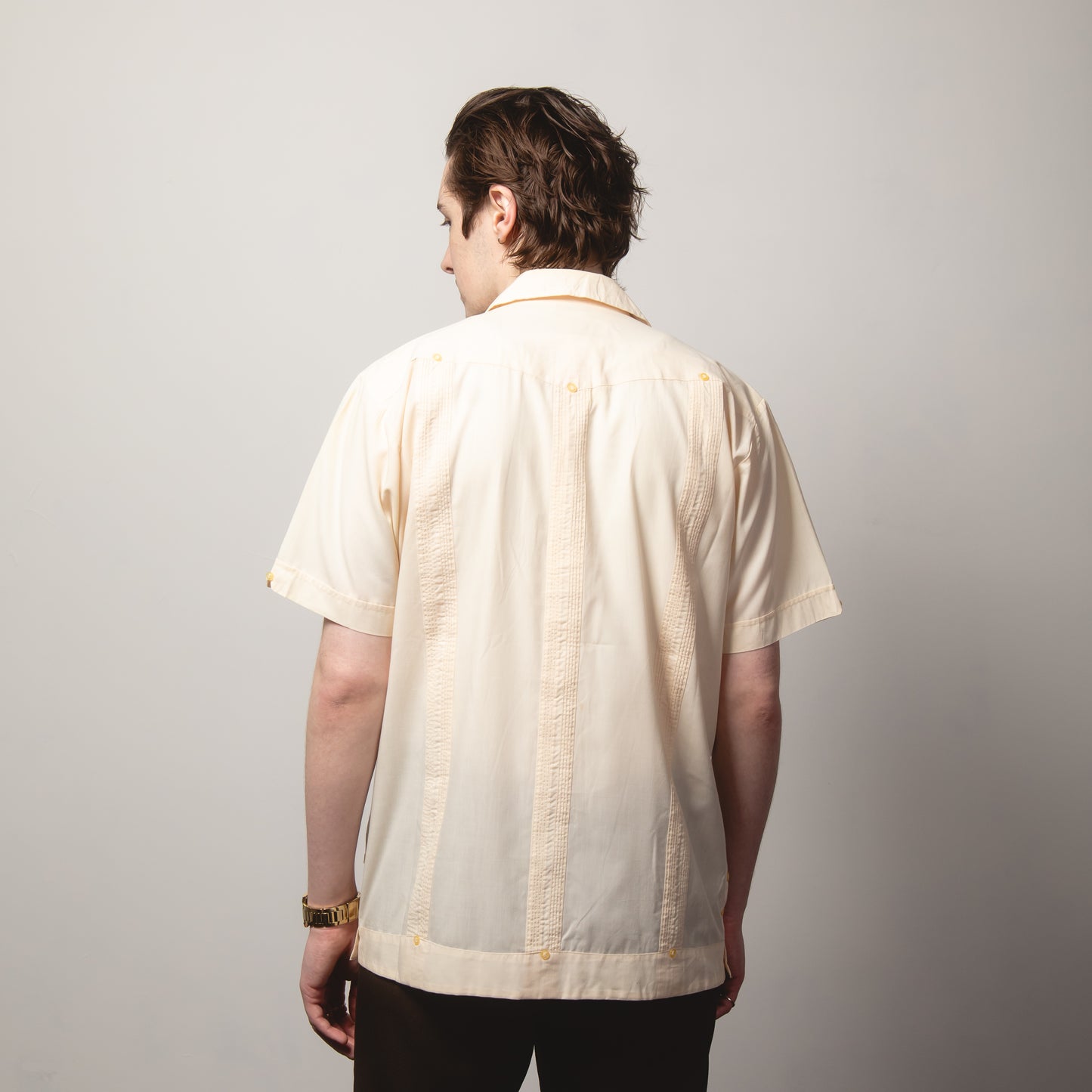 CREAM PEACH CUBAN COLLAR GUAYABERA SHIRT L