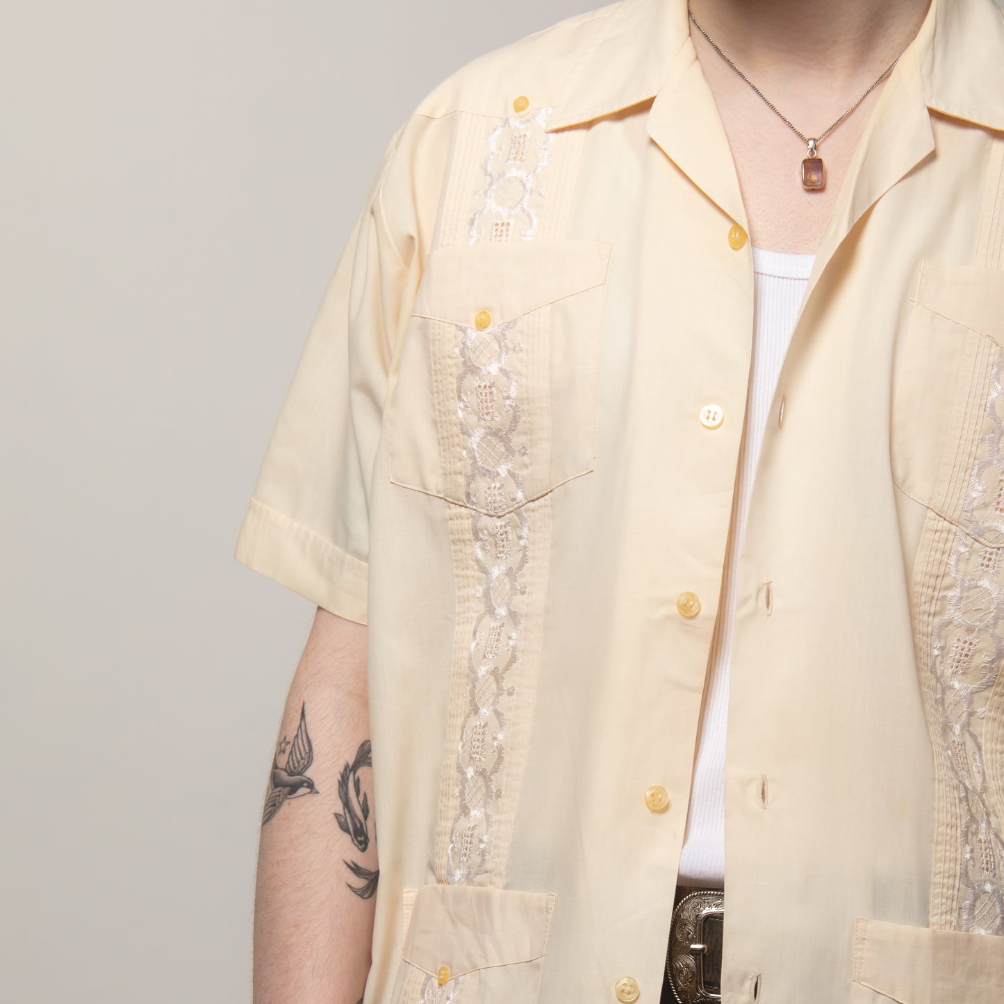CREAM PEACH CUBAN COLLAR GUAYABERA SHIRT L
