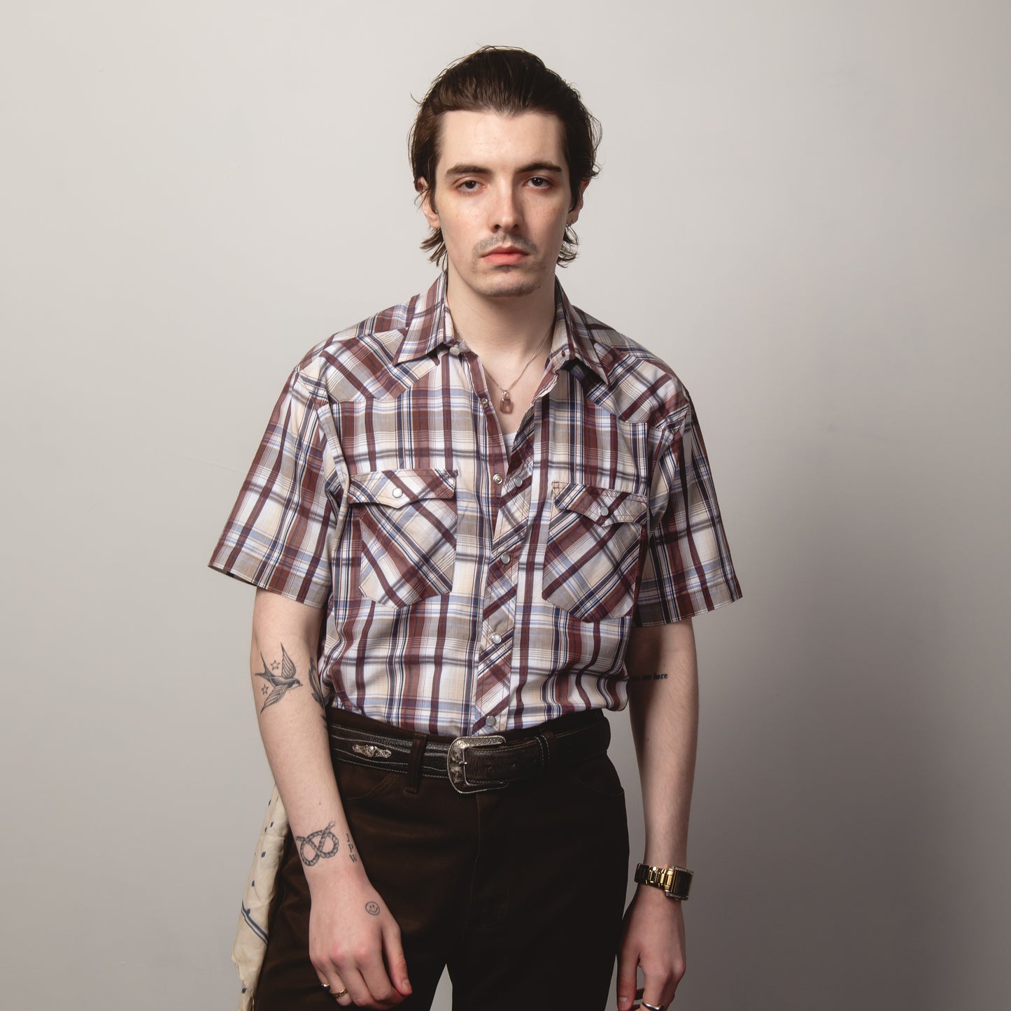 BURGUNDY CHECK WESTERN SHIRT M