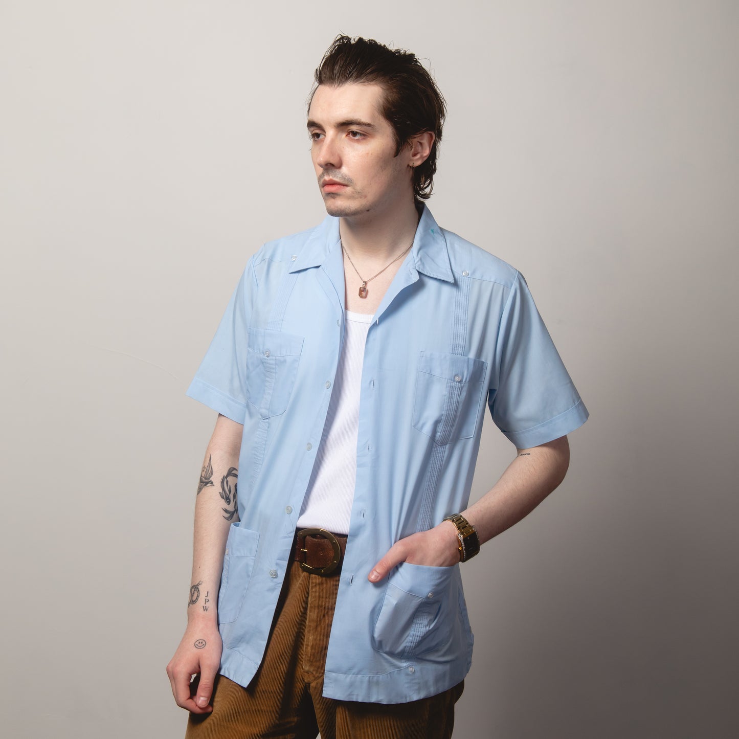 BABY BLUE CUBAN COLLAR SHIRT M